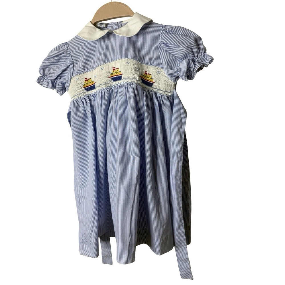 Strasburg smocked girls dress size 4t boat striped blue missing button